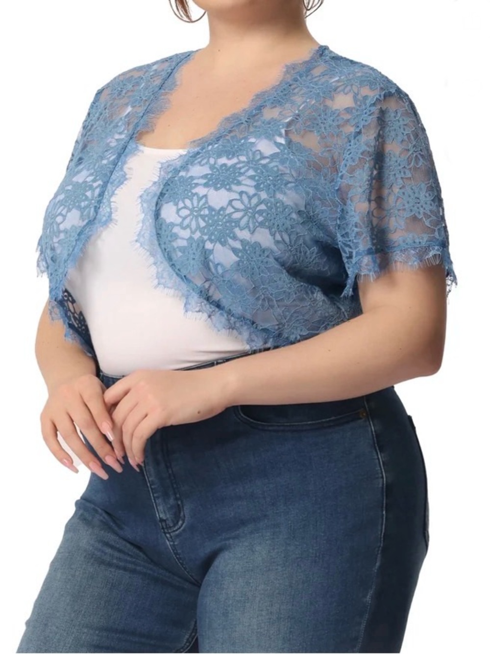 Plus Size Elegant Short Sleeve Sheer Floral Lace Bolero Shrug Top, Blue, Size 4X - Picture 2 of 11